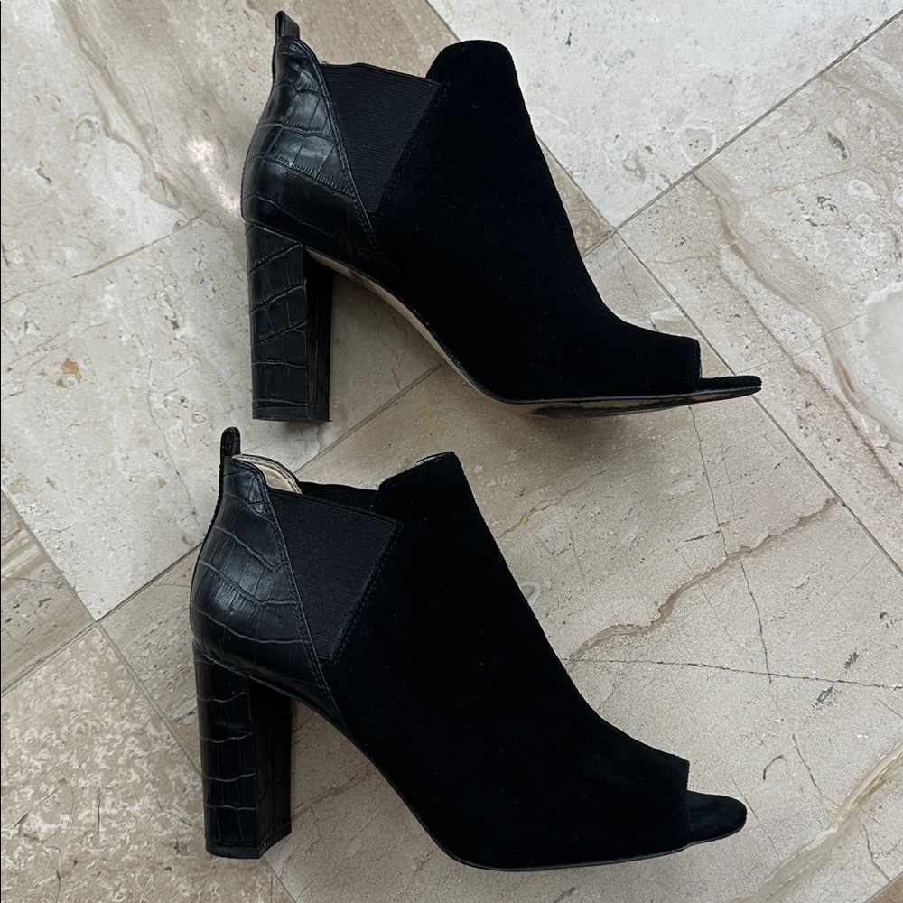 Marc Fisher Black Suede Peep-Toe Chunk Heeled Booties - Picture 4 of 10